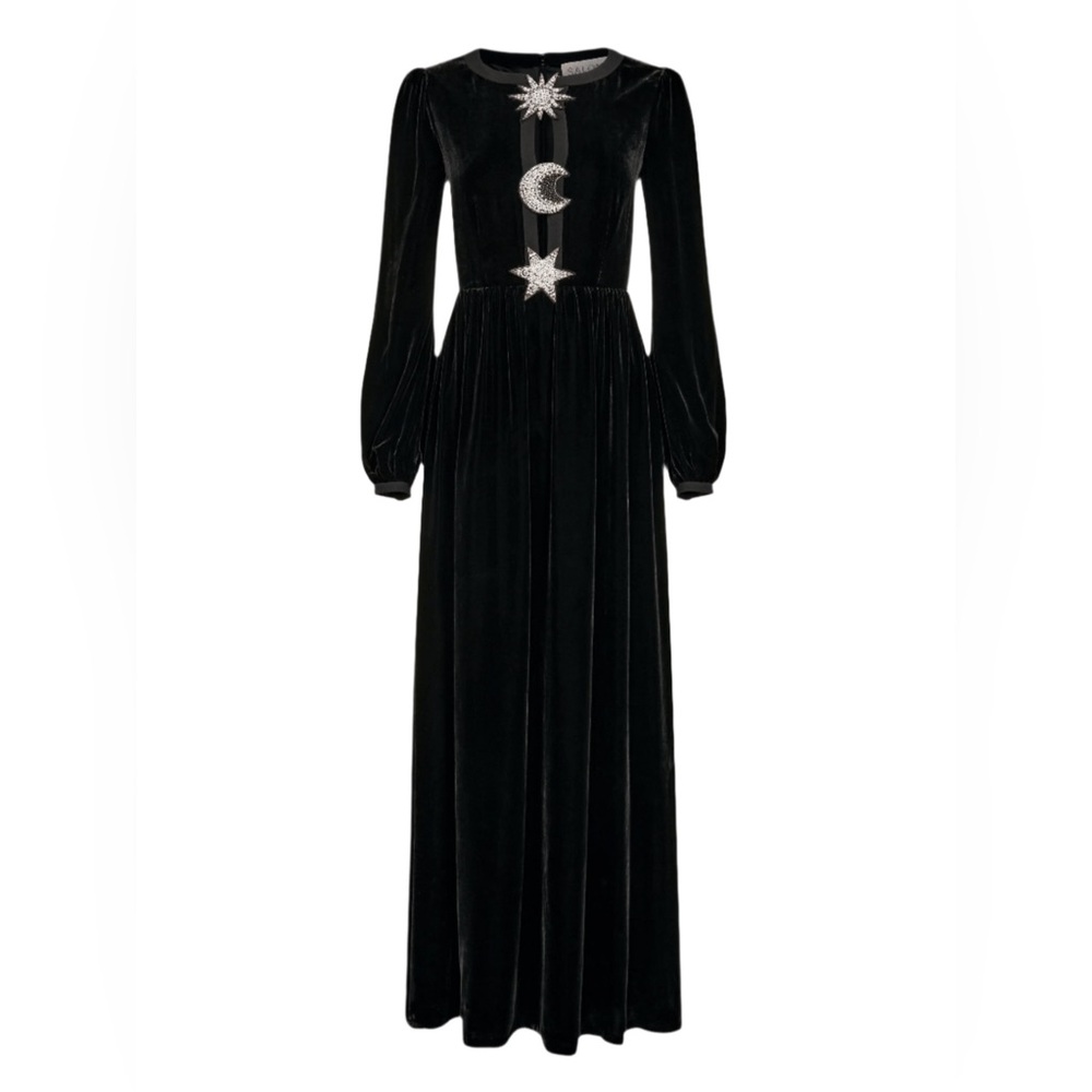 SALONI Black Velvet Long Sleeve Dress with Celestial Embellishments